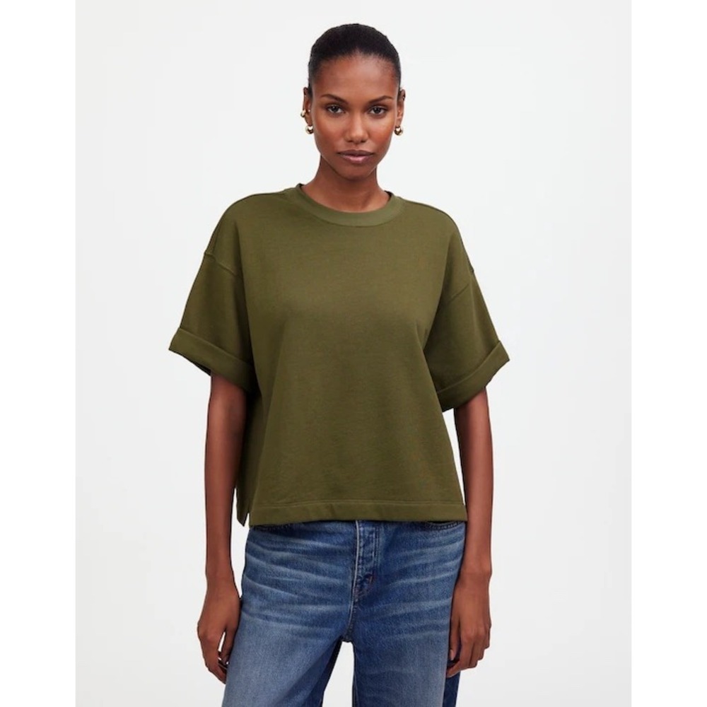 Madewell Women Cotton Sweatshirt Tee XS Faded Ivy Boxy Cuffed Short Sleeve Top